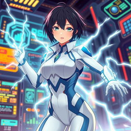 An anime woman wearing a sleek, futuristic tech suit designed with a white and blue aesthetic