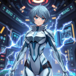 An anime woman wearing a sleek, futuristic tech suit designed with a white and blue aesthetic