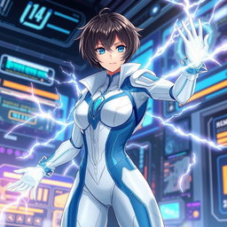 An anime woman wearing a sleek, futuristic tech suit designed with a white and blue aesthetic