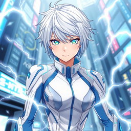 An anime woman in a sleek tech suit featuring a white and blue color palette