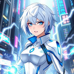 An anime woman in a sleek tech suit featuring a white and blue color palette
