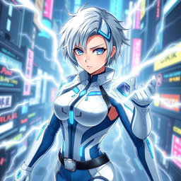 An anime woman in a sleek tech suit featuring a white and blue color palette