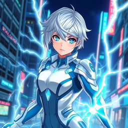 An anime woman in a sleek tech suit featuring a white and blue color palette