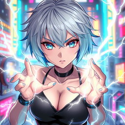 An anime woman with a striking white and blue hair aesthetic, sporting short, trendy hair