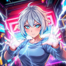 An anime woman with a striking white and blue hair aesthetic, sporting short, trendy hair