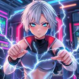 An anime woman with a striking white and blue hair aesthetic, sporting short, trendy hair