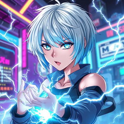 An anime woman with a striking white and blue hair aesthetic, sporting short, trendy hair
