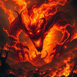 An imposing fire elemental embodies pure evil, its form a swirling mass of flames and smoke, flickering ominously in hues of deep orange, red, and hints of black