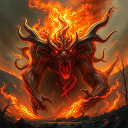 An imposing fire elemental embodies pure evil, its form a swirling mass of flames and smoke, flickering ominously in hues of deep orange, red, and hints of black