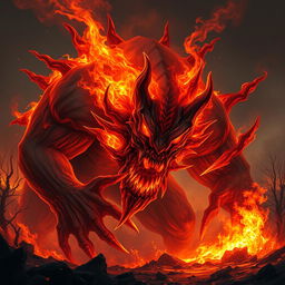 An imposing fire elemental embodies pure evil, its form a swirling mass of flames and smoke, flickering ominously in hues of deep orange, red, and hints of black