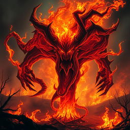 An imposing fire elemental embodies pure evil, its form a swirling mass of flames and smoke, flickering ominously in hues of deep orange, red, and hints of black