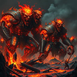 A terrifying scene featuring evil fire giants from Dungeons & Dragons, towering over a scorched landscape