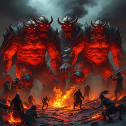 A terrifying scene featuring evil fire giants from Dungeons & Dragons, towering over a scorched landscape