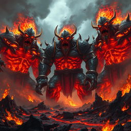 A terrifying scene featuring evil fire giants from Dungeons & Dragons, towering over a scorched landscape