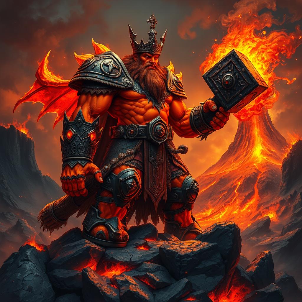 A fearsome fire giant king, exuding an aura of power and malice, stands atop a rocky outcrop in a desolate, fiery landscape