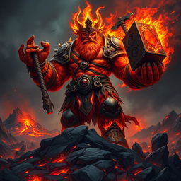 A fearsome fire giant king, exuding an aura of power and malice, stands atop a rocky outcrop in a desolate, fiery landscape