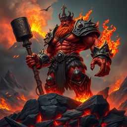 A fearsome fire giant king, exuding an aura of power and malice, stands atop a rocky outcrop in a desolate, fiery landscape