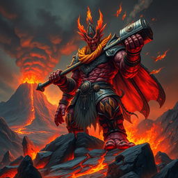 A fearsome fire giant king, exuding an aura of power and malice, stands atop a rocky outcrop in a desolate, fiery landscape