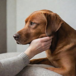 A comforting hand gently lifting up the chin of a sad brown dog inside a cozy room.