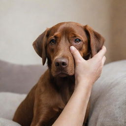 A comforting hand gently lifting up the chin of a sad brown dog inside a cozy room.