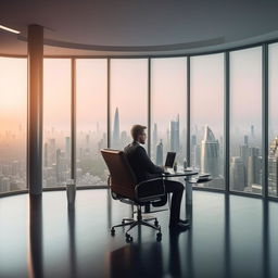 A successful businessman in a luxurious office, full of confidence and enthusiasm, surrounded by cutting-edge technology with a breathtaking view of the city skyline.