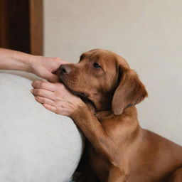 A comforting hand gently lifting up the chin of a sad brown dog inside a cozy room.