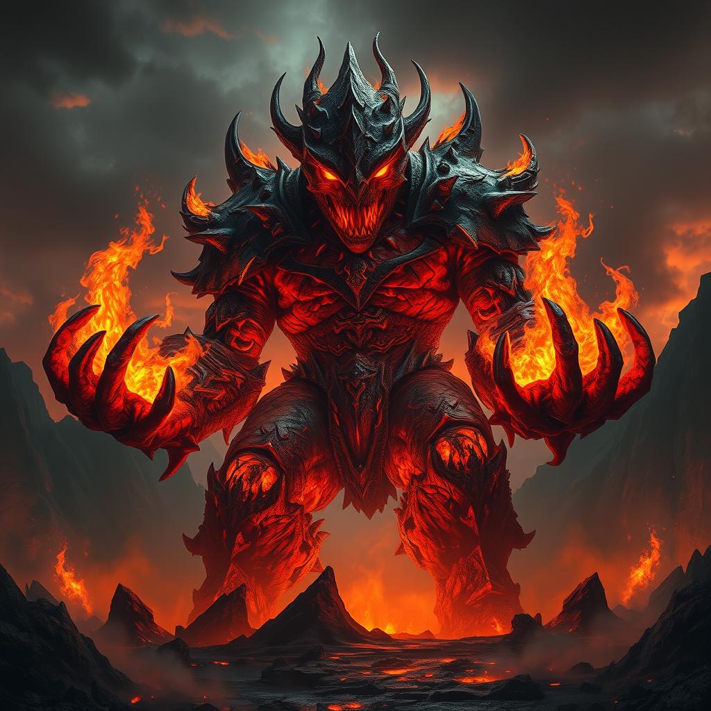 A colossal fire giant, emanating an aura of evil and malice, looming menacingly in a dark, fiery landscape