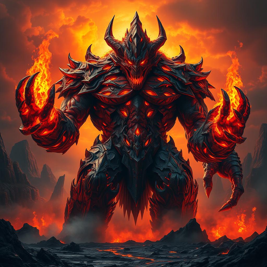 A colossal fire giant, emanating an aura of evil and malice, looming menacingly in a dark, fiery landscape