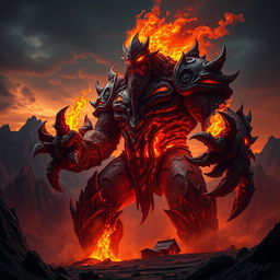 A colossal fire giant, emanating an aura of evil and malice, looming menacingly in a dark, fiery landscape