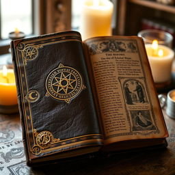 A beautifully detailed and aged leather-bound book showcasing the history of Enochian magic as practiced by the Order of the Golden Dawn