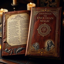 A beautifully detailed and aged leather-bound book showcasing the history of Enochian magic as practiced by the Order of the Golden Dawn