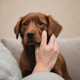 A comforting hand gently lifting up the chin of a sad brown dog inside a cozy room.