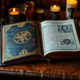 A beautifully detailed and aged leather-bound book showcasing the history of Enochian magic as practiced by the Order of the Golden Dawn