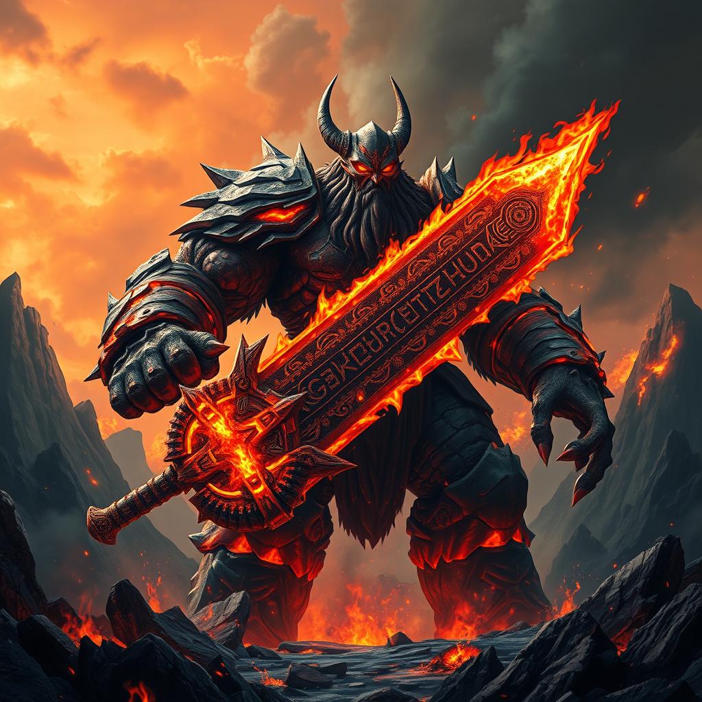 A colossal fire giant, radiating an aura of evil and malevolence, standing triumphantly in a dark, fiery landscape