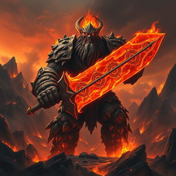 A colossal fire giant, radiating an aura of evil and malevolence, standing triumphantly in a dark, fiery landscape