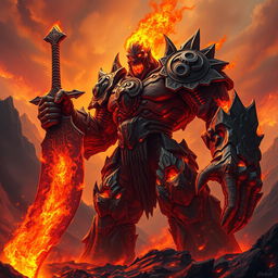 A colossal fire giant, radiating an aura of evil and malevolence, standing triumphantly in a dark, fiery landscape