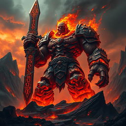 A colossal fire giant, radiating an aura of evil and malevolence, standing triumphantly in a dark, fiery landscape