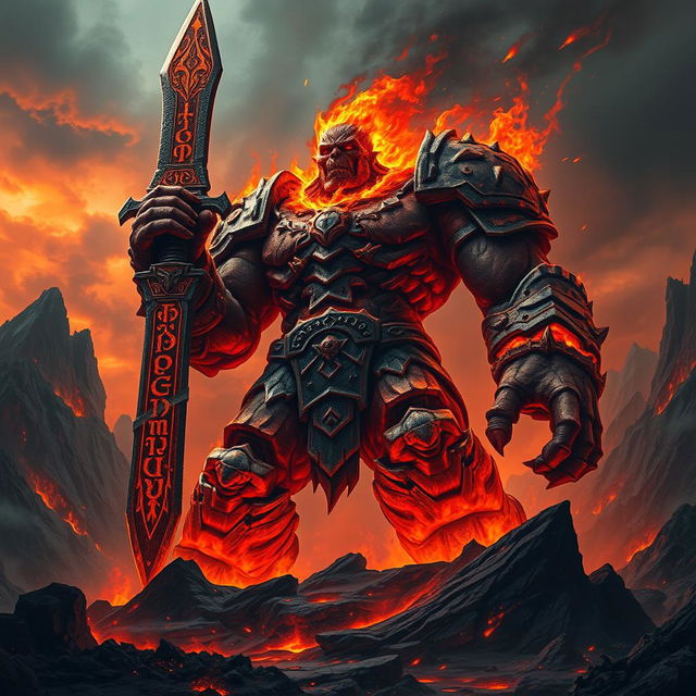 A colossal fire giant, radiating an aura of evil and malevolence, standing triumphantly in a dark, fiery landscape