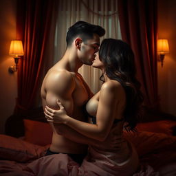 An intimate scene depicting a couple embracing passionately in a dimly lit room, surrounded by soft, warm lighting that enhances the romantic atmosphere