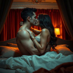 An intimate scene depicting a couple embracing passionately in a dimly lit room, surrounded by soft, warm lighting that enhances the romantic atmosphere