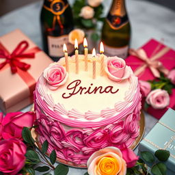 A beautifully decorated birthday cake, adorned with elegant pink and white roses, and topped with burning candles