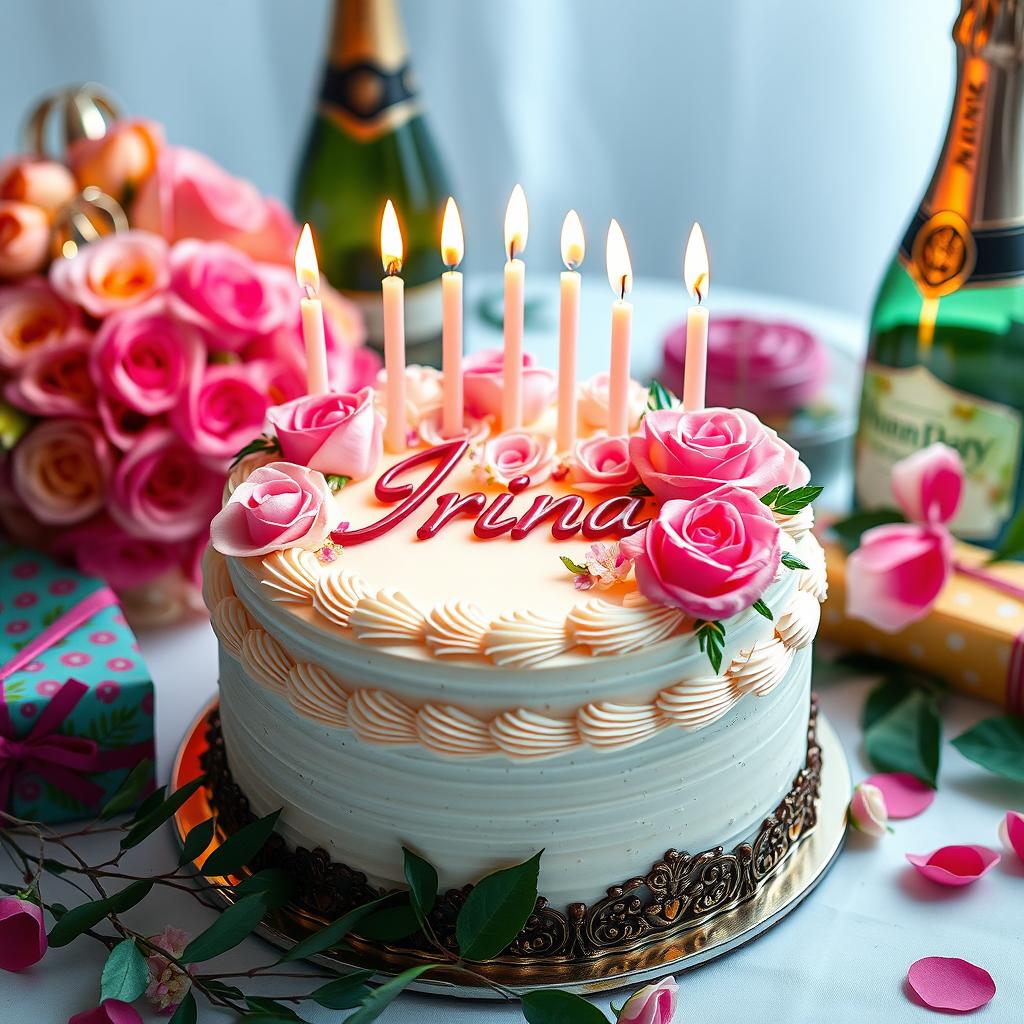 A beautifully decorated birthday cake, adorned with elegant pink and white roses, and topped with burning candles