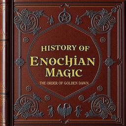A visually striking book cover designed for an 'History of Enochian Magic' by the Order of the Golden Dawn