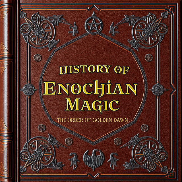 A visually striking book cover designed for an 'History of Enochian Magic' by the Order of the Golden Dawn