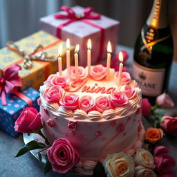 A beautifully decorated birthday cake, adorned with elegant pink and white roses, and topped with burning candles