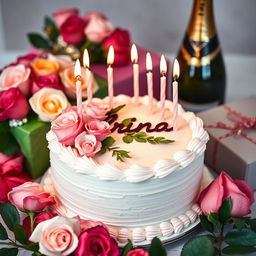 A beautifully decorated birthday cake, adorned with elegant pink and white roses, and topped with burning candles