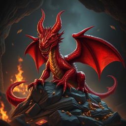 A menacing red dragon wyrmling, showcasing its evil demeanor with glowing red eyes and sharp, wickedly curved horns protruding from its head