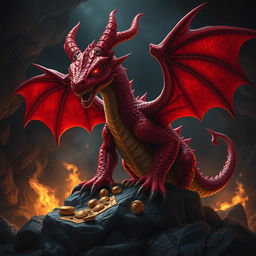 A menacing red dragon wyrmling, showcasing its evil demeanor with glowing red eyes and sharp, wickedly curved horns protruding from its head