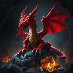 A menacing red dragon wyrmling, showcasing its evil demeanor with glowing red eyes and sharp, wickedly curved horns protruding from its head