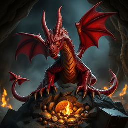 A menacing red dragon wyrmling, showcasing its evil demeanor with glowing red eyes and sharp, wickedly curved horns protruding from its head